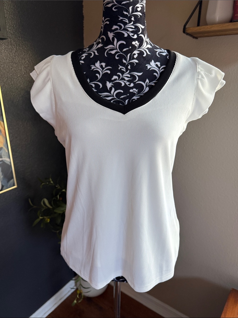 White V-Neck Ruffle Sleeve Top - Classic Contrast Trim